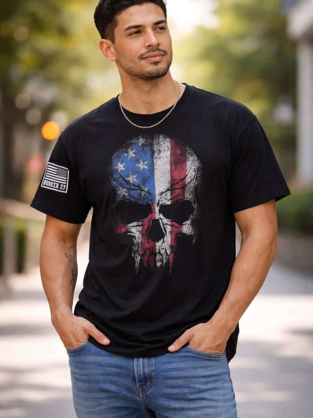 Black Short-Sleeve Skull Flag Graphic Tee